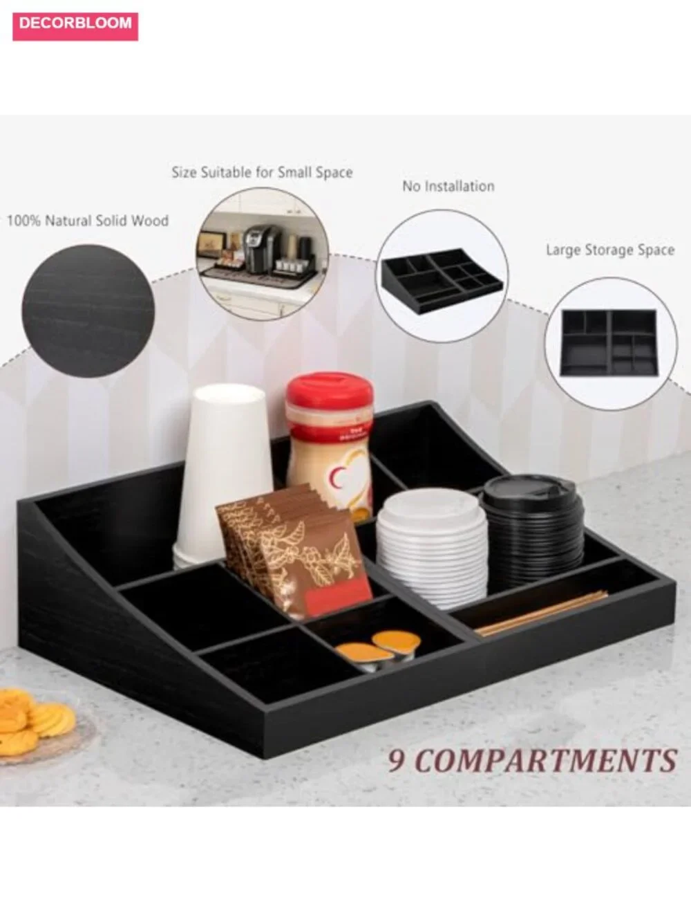 Coffee Station Organizer Countertop Wood Condiment Caddy 2-in-1